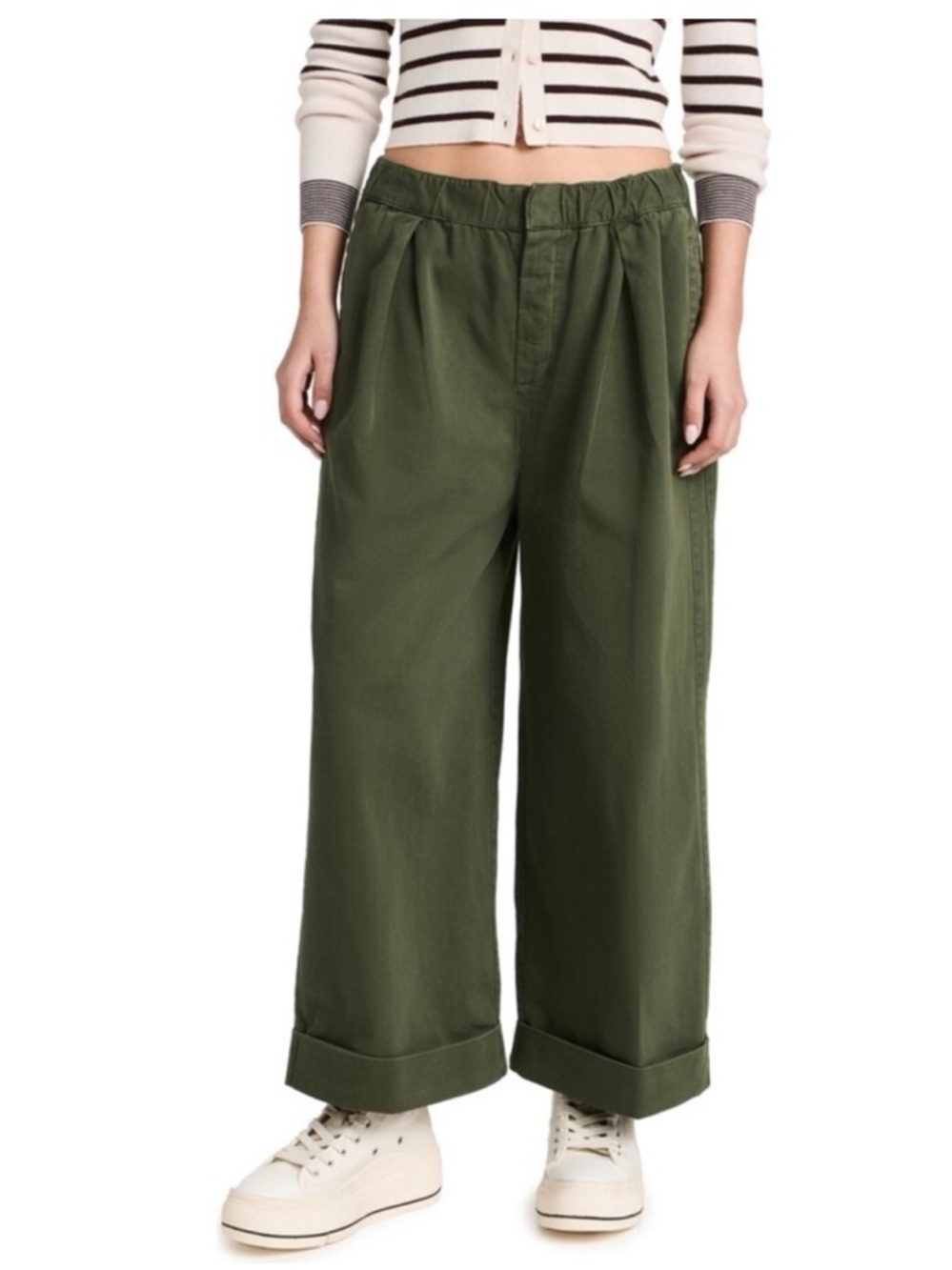 Free People Olive Green After Love Pleated Wide-Leg Cuffed Pants - Picture 2 of 7